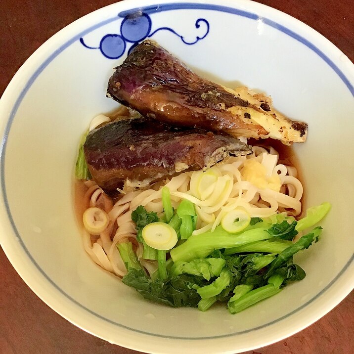 揚げ長ナスとかき菜のぶっかけ生姜うどん(冷)